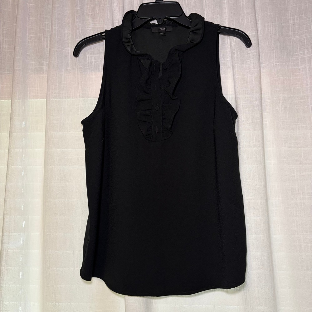 J.Crew Blouse Women Small Black Sleeveless Ruffle Neck Button Front Romantic Top